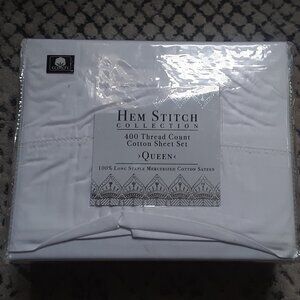Hem Stitch Collection White Queeen Sheet Set. Up to 17 inches Deep Pocket